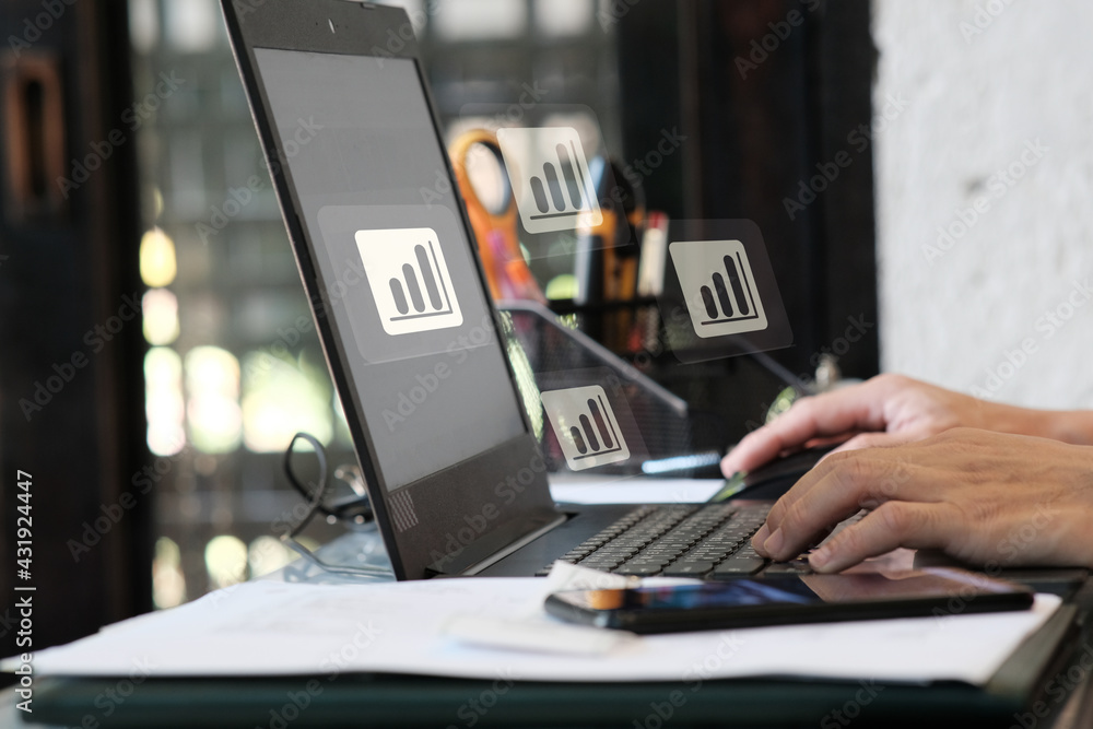 Poster man using on laptop computer and business analytics intelligence concept, financial charts to analyz