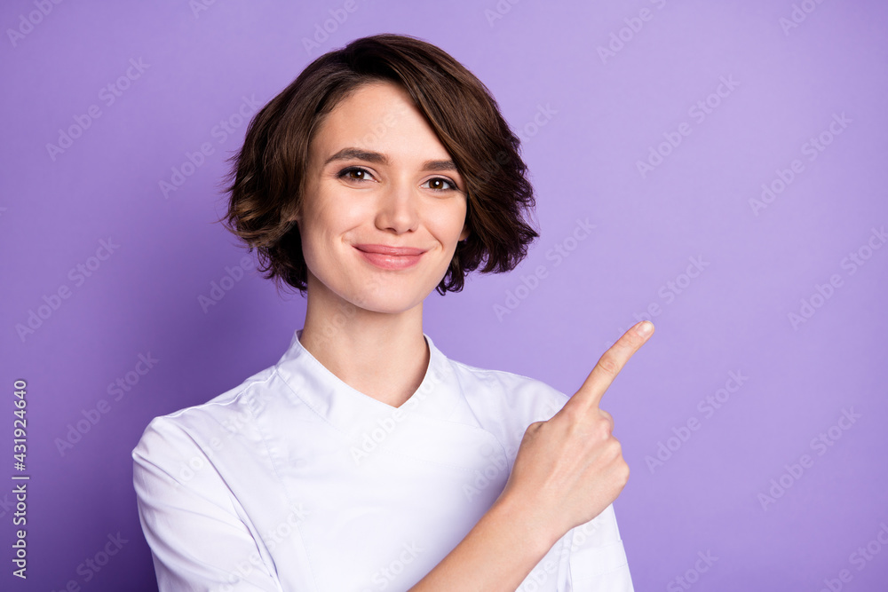 Aufkleber portrait of attractive cheery content girl showing copy empty space place ad look idea index isolate