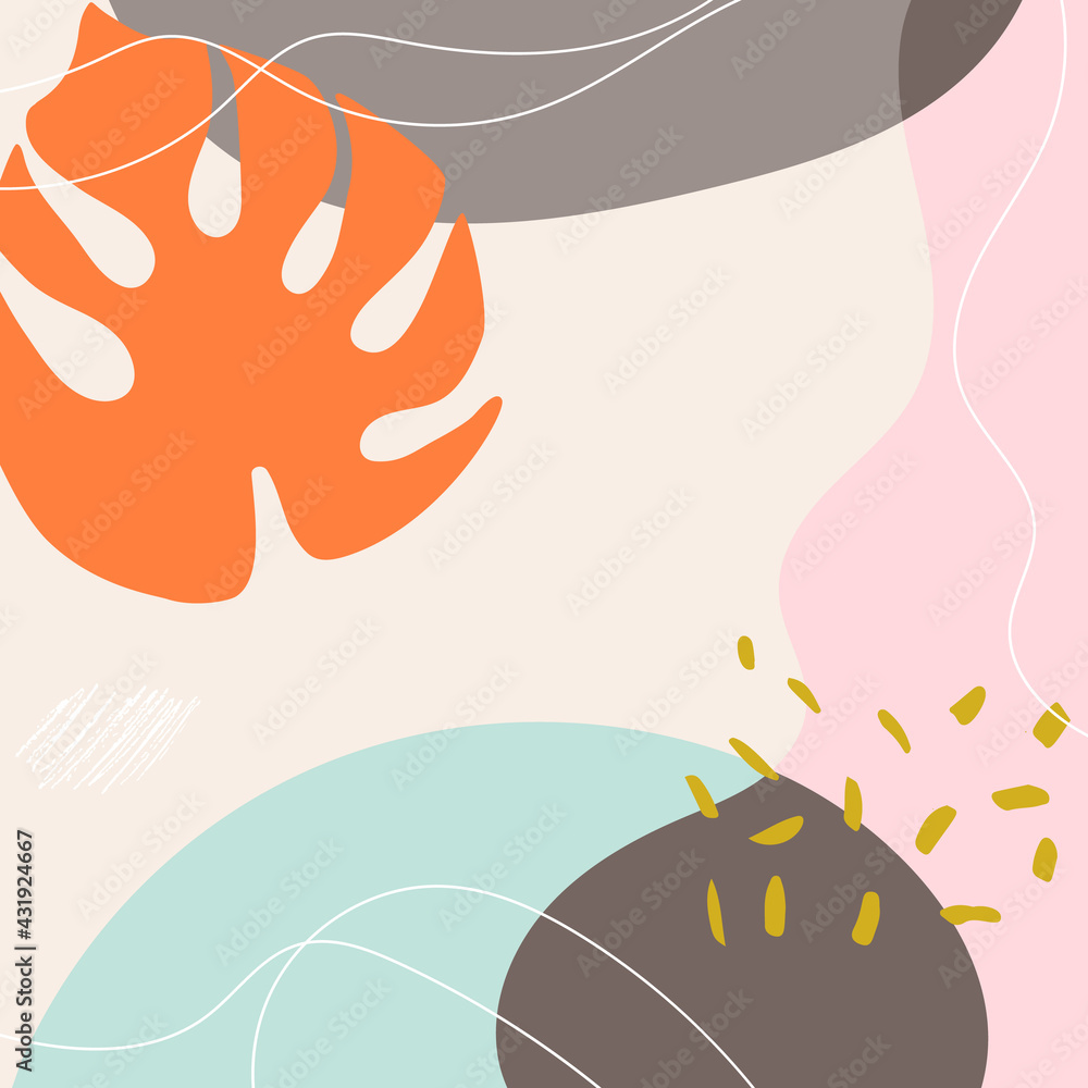 Poster vector tropical monstera palm leaf. modern abstract nature background with shapes, lines and texture