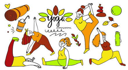 Cartoon doodle of a full woman doing yoga in different poses and a set of additional elements.