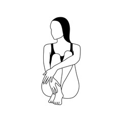 Linear female figure in swimsuit. Young woman sitting and sunbathing.