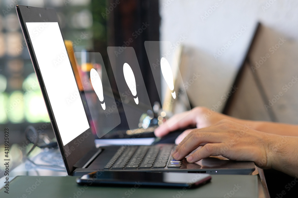 Poster man using on laptop computer and management digital data concept