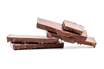 dark chocolate pieces isolated on white, photo of Chocolate bar. Broken pieces over white background