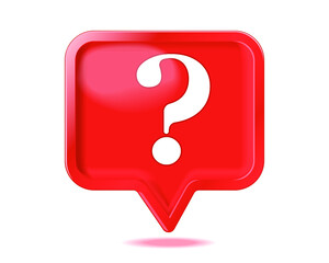 Shiny question mark in red rounded square pin. 3d rendering