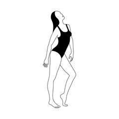 Linear female figure in swimsuit. Young woman standing and sunbathing.