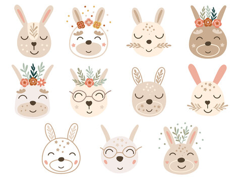 Clipart with baby bunny faces. Vector illustration.