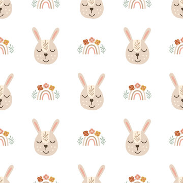 Baby bunny nursery seamless pattern design. Vector illustration.