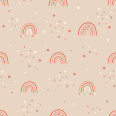 Children Seamless pattern design with with rainbows and confetti. Vector illustration.
