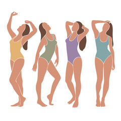 Set of colorful female figures in swimsuits. Young women standing and sunbathing.