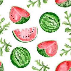 Watermelon on summer field watercolor seamless pattern. Template for decorating designs and illustrations.