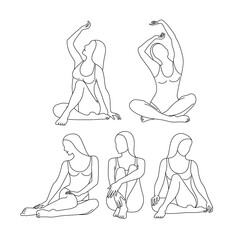 Set of linear female figures in swimsuits. Young women sitting and sunbathing.