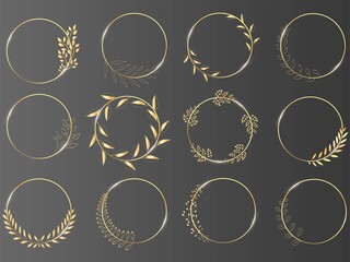 Set of round, gold laurel wreaths. Vector logo design made from leaves. Vintage Collection of vintage round badges of laurel branches, spikelets. Decorative items. Ancient Greek coat of arms.
