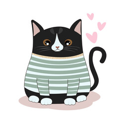 Cute cartoon black cat in clothes. Vector illustration.