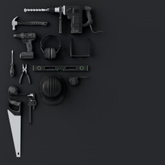 Top view of monochrome construction tools for repair and installation on black