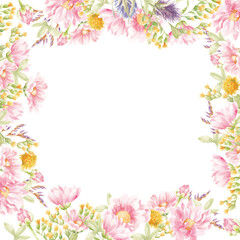 Fototapeta na wymiar floral watercolor frames. Bouquets of pink flowers and herbs
