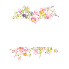 floral watercolor frames. Bouquets of pink flowers and herbs