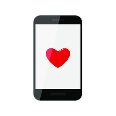 Smartphone with red heart icon on screen isolated on white background