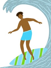 Surfer catches a wave while standing on the board. Illustrations in flat style