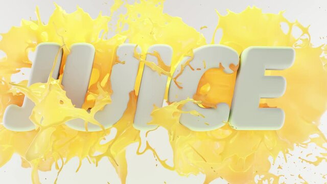 Splash of pineapple, banana or mango juice. Juicy fruity yellow drink with word JUICE capital letters on white background. 3D animation frozen stream of cold liquid and droplets lemonade, ad text.