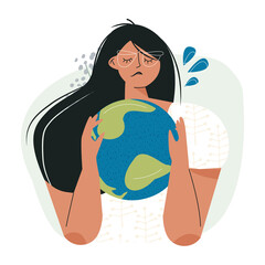 Sad woman hugging earth planet globe Ecology eco problem concept. Earth Environment Day, mother nature. Environmental problems and protection. Metaphor social poster or card of saving the planet