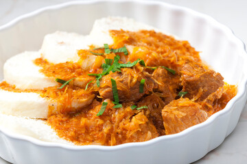 goulash called szegedin served with dumplings