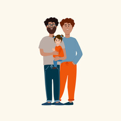 A happy LGBT family. Parents are a couple of men with a baby in their arms. The concept of fatherhood, about love, care in the marriage of same-sex people. Vector illustration