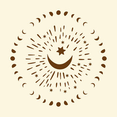 Celestial moon sacred astrology vector card. Boho moonlight esoteric nursery art star magic vector.