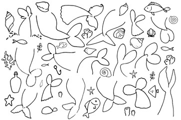 Vector set of isolated sea life elements, mermaid tails, fish, shells, starfish and seaweed, hand-drawn in doodle style with black line on white background for design template