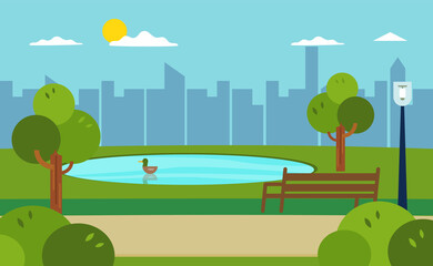 Summer  park landscape with pathway, pond, bench and trees, vector illustration. 