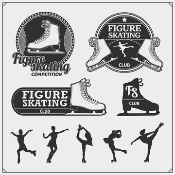 Figure ice skating set emblems. Beautiful women, silhouettes of figure skaters. 