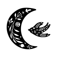 Set of black silhouette of moon, bird with white floral elements.