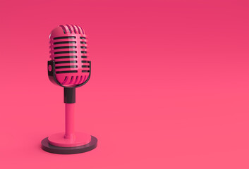 3D Render Retro microphone on short leg and stand, music award model template, karaoke, radio and recording studio sound equipment.