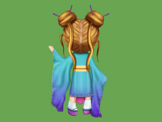 Girl Doll, beautiful mysterious. Figure. Cute 3D doll. Japanese yukata style vintage. Japanese girl with hairstyle two buns, outstretched hand to the side. Samurai woman.Blue purple clothing.Rear view