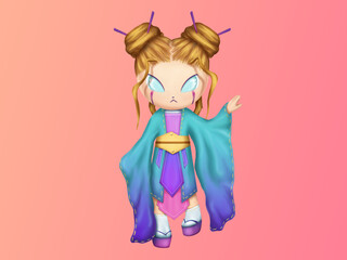 Girl Doll, beautiful mysterious. Figure. Cute 3D doll. Japanese yukata style vintage. Japanese girl with hairstyle two buns, outstretched hand to the side. Samurai woman.Blue purple clothing