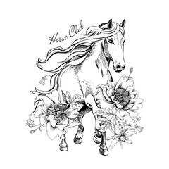 Running White Horse with a peony, tulip flowers and leaves. Horse club - lettering quote. Poster, t-shirt composition, handmade print. Vector monochrome illustration.