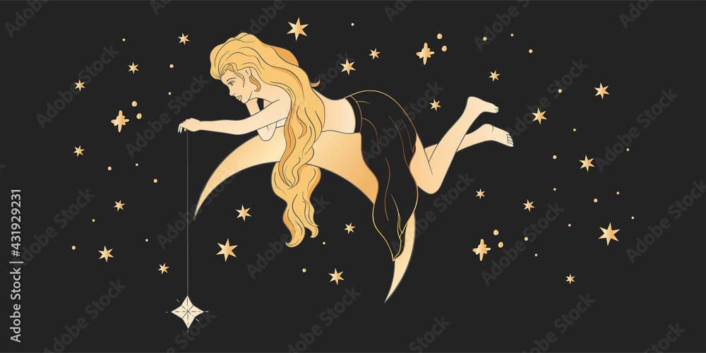 Wall mural Celestial woman sacred astrology feminine boho esoteric golden and black black card art. Girl on the moon and star magic vector poster.