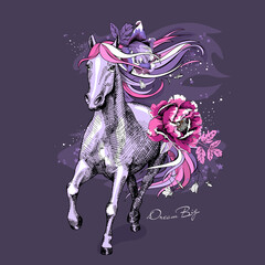 Magical violet Horse with a bright pink starry mane, tail, with exotic flowers on a night background. Dream big - lettering quote. Poster, t-shirt composition, handmade print. Vector illustration.