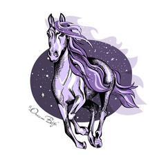 Magical violet horse on a night starry background. Dream big - lettering quote. Poster, t-shirt composition, handmade print. Vector illustration.