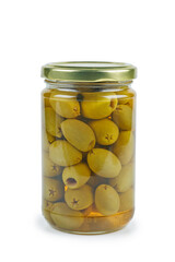 Glass jar with pickled olives isolated on white background