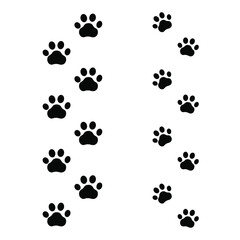 Fototapeta na wymiar Vector seamless paw trails, black animal footprints isolated on white background, mark lines. 