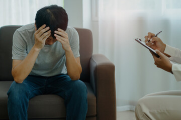 stressed man consultation a psychologist about mental health problem