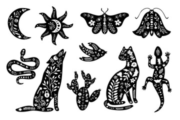 Set of black silhouettes with white floral elements. Moon, sun, animals, wolf, cat, lizard, cactus, moth, bird, snake.