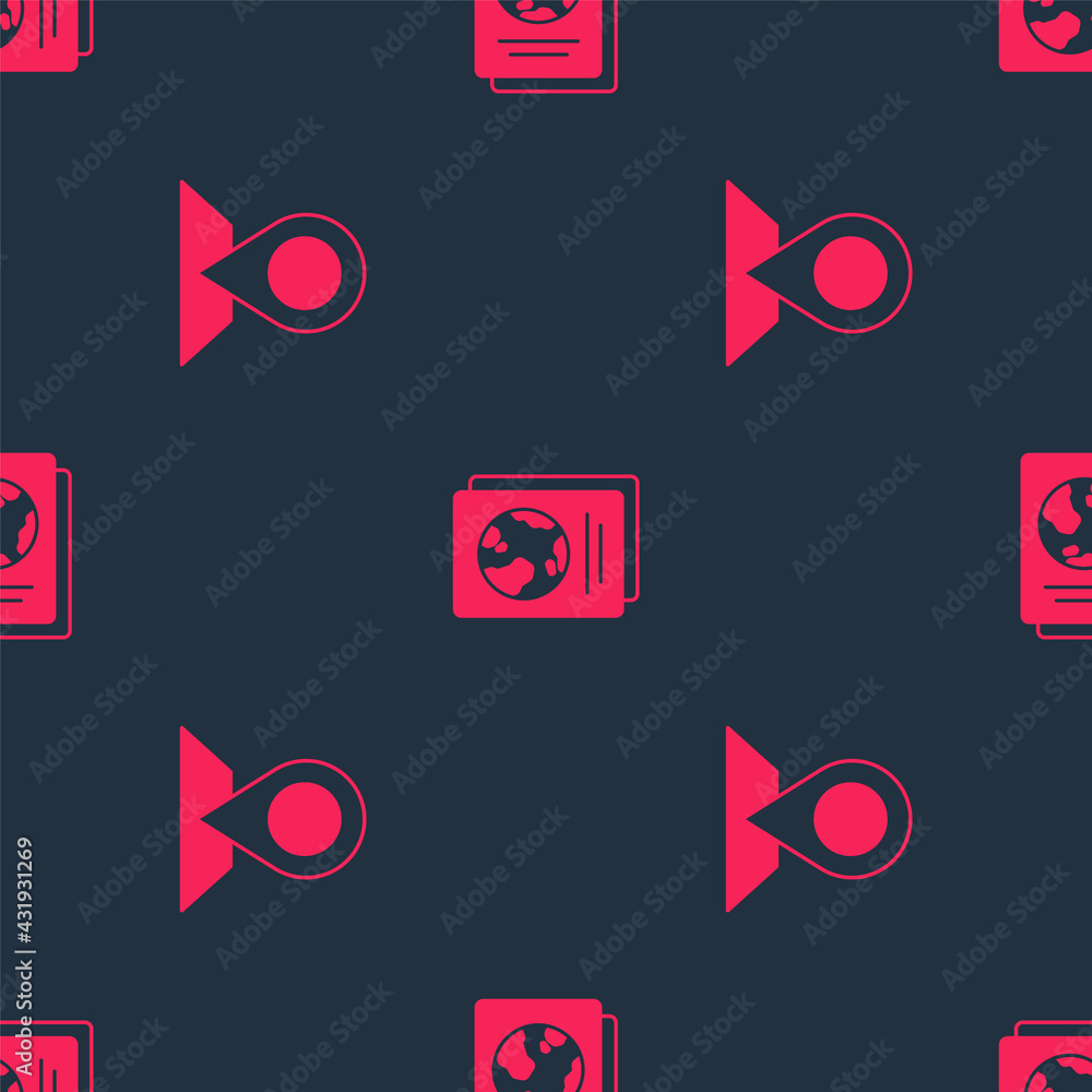 Poster set location and passport on seamless pattern. vector