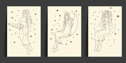 Celestial African American woman and cat sacred astrology boho line esoteric art. Moon and star magic girl card set.
