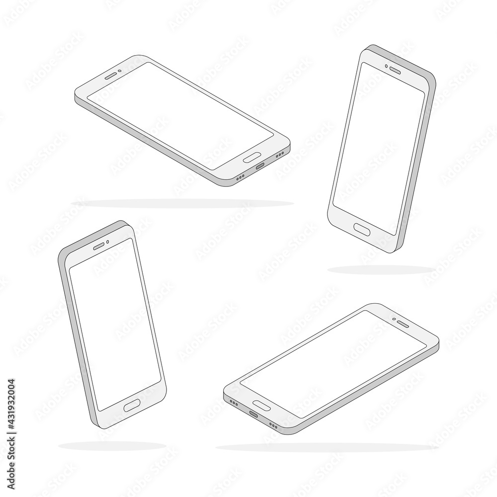 Poster isometric line smartphone set. 3d mobile phone with empty screen collection. digital technology outl