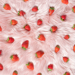 Vintage, fresh, Spring tasty and red strawberries on .a fluffy, soft, pastel pink background. Creative flat lay fruit concept.
