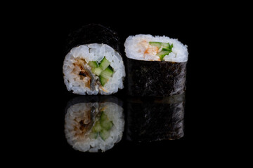 Roll with smoked eel, sesame, cucumber
