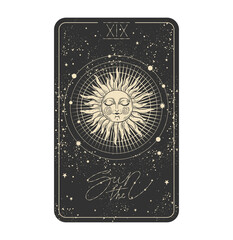The sun Tarot card icon, sun with a face on a black cosmic background with stars. Major arcana for divination witch, aesthetic hand drawn illustration in vintage design. Vector isolated on white