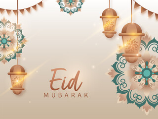 Eid Mubarak Concept With Bronze Lanterns Hang, Lights Effect And Mandala Pattern Decorated Background.
