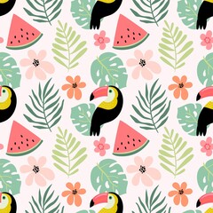 Summer seamless pattern with toucan bird, tropical leaves and watermelon © lilett